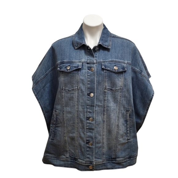 CHICOS Size L/XL Washed Denim Ruana Poncho Stretch Oversize Sleeveless Jean Vest - Picture 4 of 12